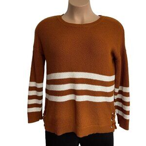 PINK ROSE Women's Striped‎ Sweater Size XL Caramel White Side Laces Scoop Neck